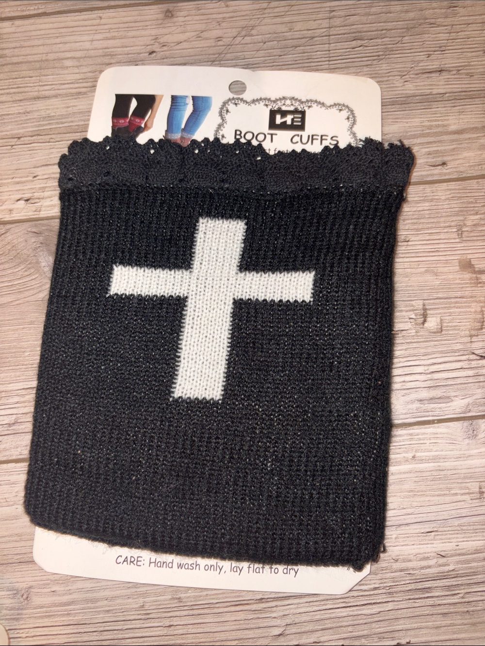 NWT black leg warmers with black lace and white crioss